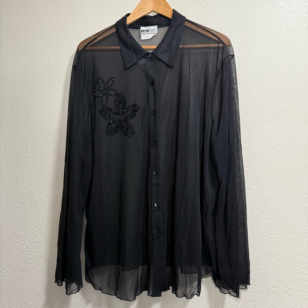 I.N. Studio Woman San Francisco - Sheer Black Embellished w/ Beads Blouse - 3X